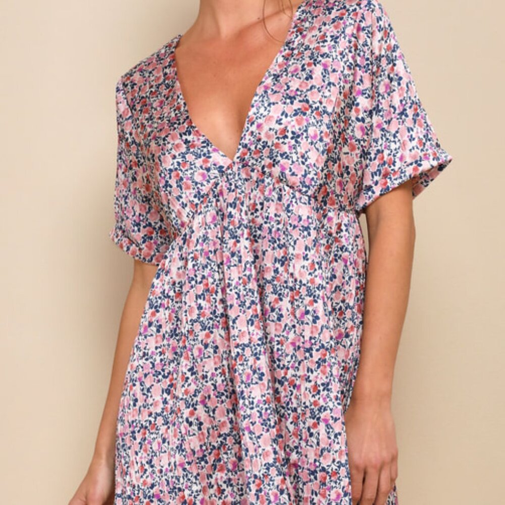 Lulu's Express Yourself Blush Pink Floral Print Satin Babydoll Dress